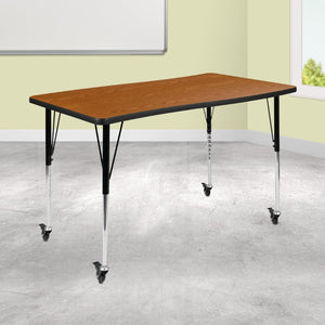 English Elm Wren Mobile Rectangle Wave Activity Table for Collaborative Spaces with Adjustable Height & Locking Casters Oak 28"W x 47.5"L XU-A3048-CON-OAK-T-A-CAS-GG