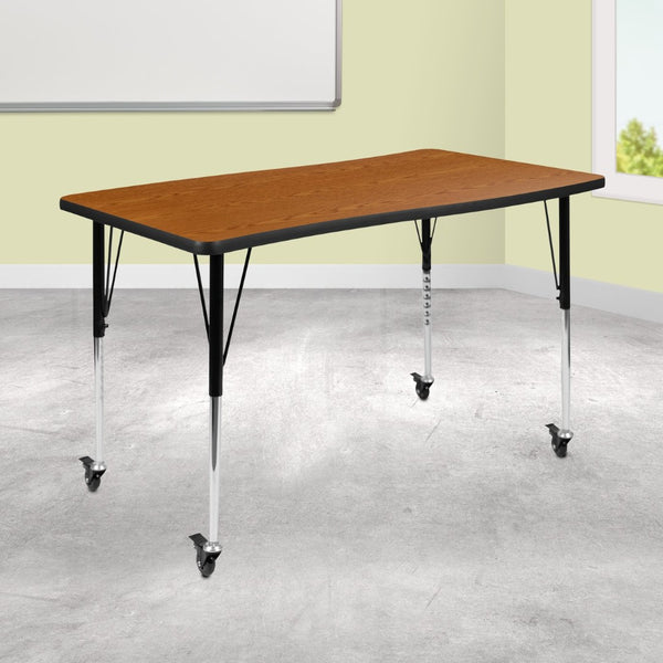 English Elm Wren Mobile Rectangle Wave Activity Table for Collaborative Spaces with Adjustable Height & Locking Casters Oak 28"W x 47.5"L XU-A3048-CON-OAK-T-A-CAS-GG
