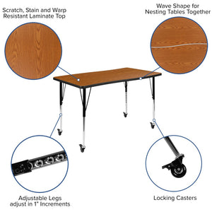 English Elm Wren Mobile Rectangle Wave Activity Table for Collaborative Spaces with Adjustable Height & Locking Casters Oak 28"W x 47.5"L XU-A3048-CON-OAK-T-A-CAS-GG