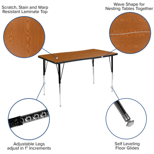 English Elm Wren Collaborative Wave Activity Table for Classrooms and Offices - Durable, Adjustable, Modern Design Oak 28"W x 47.5"L XU-A3048-CON-OAK-T-A-GG