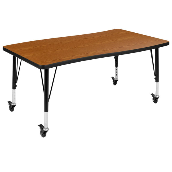English Elm Wren Mobile Rectangle Wave Activity Table for Flexible Learning Spaces - Durable & Height Adjustable Oak 28"W x 47.5"L XU-A3048-CON-OAK-T-P-CAS-GG