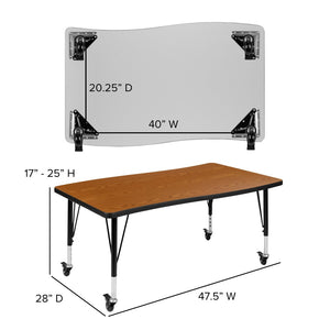 English Elm Wren Mobile Rectangle Wave Activity Table for Flexible Learning Spaces - Durable & Height Adjustable Oak 28"W x 47.5"L XU-A3048-CON-OAK-T-P-CAS-GG