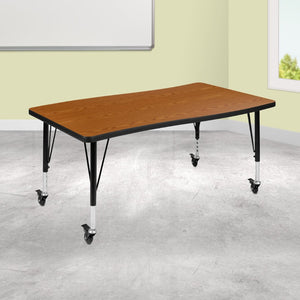 English Elm Wren Mobile Rectangle Wave Activity Table for Flexible Learning Spaces - Durable & Height Adjustable Oak 28"W x 47.5"L XU-A3048-CON-OAK-T-P-CAS-GG