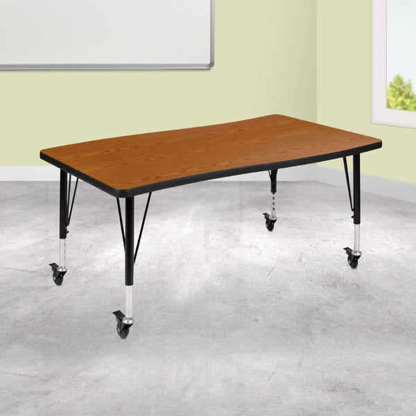 English Elm Wren Mobile Rectangle Wave Activity Table for Flexible Learning Spaces - Durable & Height Adjustable Oak 28"W x 47.5"L XU-A3048-CON-OAK-T-P-CAS-GG