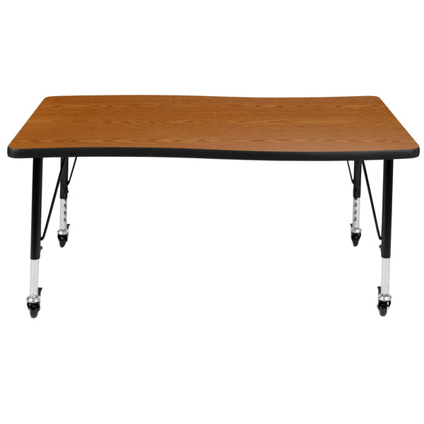 English Elm Wren Mobile Rectangle Wave Activity Table for Flexible Learning Spaces - Durable & Height Adjustable Oak 28"W x 47.5"L XU-A3048-CON-OAK-T-P-CAS-GG