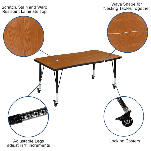 English Elm Wren Mobile Rectangle Wave Activity Table for Flexible Learning Spaces - Durable & Height Adjustable Oak 28"W x 47.5"L XU-A3048-CON-OAK-T-P-CAS-GG