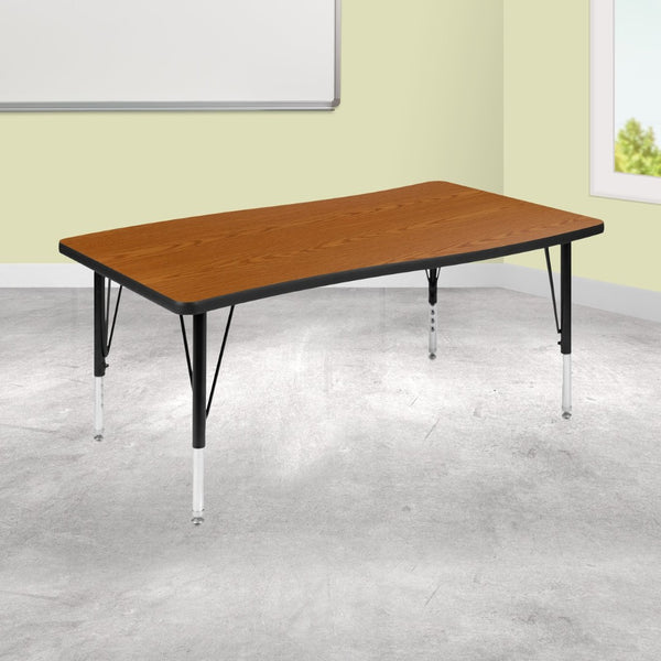 English Elm Wren Rectangle Wave Flexible Activity Table for Collaborative Learning Spaces - Adjustable Height Design Oak 28"W x 47.5"L XU-A3048-CON-OAK-T-P-GG