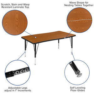English Elm Wren Rectangle Wave Flexible Activity Table for Collaborative Learning Spaces - Adjustable Height Design Oak 28"W x 47.5"L XU-A3048-CON-OAK-T-P-GG