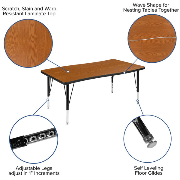 English Elm Wren Rectangle Wave Flexible Activity Table for Collaborative Learning Spaces - Adjustable Height Design Oak 28"W x 47.5"L XU-A3048-CON-OAK-T-P-GG