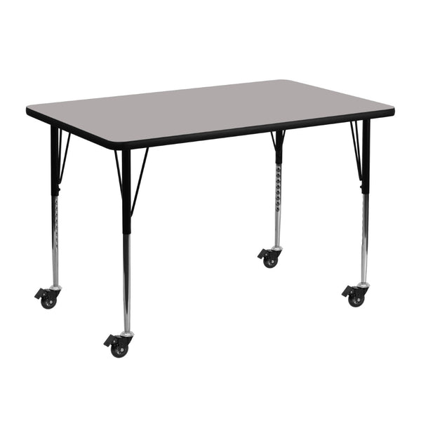 English Elm Wren Mobile Rectangular Activity Table with Height Adjustable Legs for Versatile Collaborative Use Gray 30"W x 48"L XU-A3048-REC-GY-H-A-CAS-GG