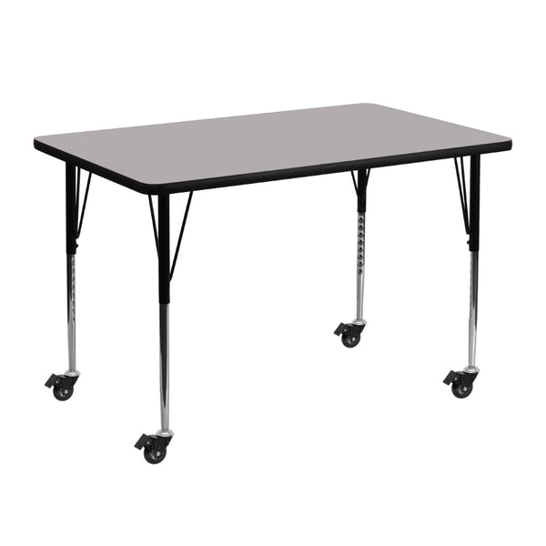 English Elm Wren Mobile Rectangular Activity Table with Adjustable Legs for Classrooms and Collaborative Workspaces Gray 30"W x 48"L XU-A3048-REC-GY-T-A-CAS-GG