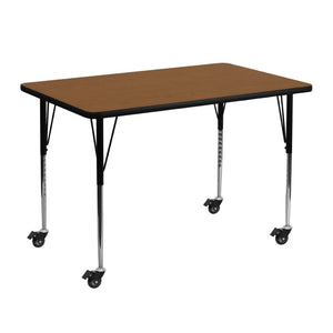 English Elm Wren Mobile Rectangular Activity Table with Height Adjustable Legs for Versatile Collaborative Use Oak 30"W x 48"L XU-A3048-REC-OAK-H-A-CAS-GG