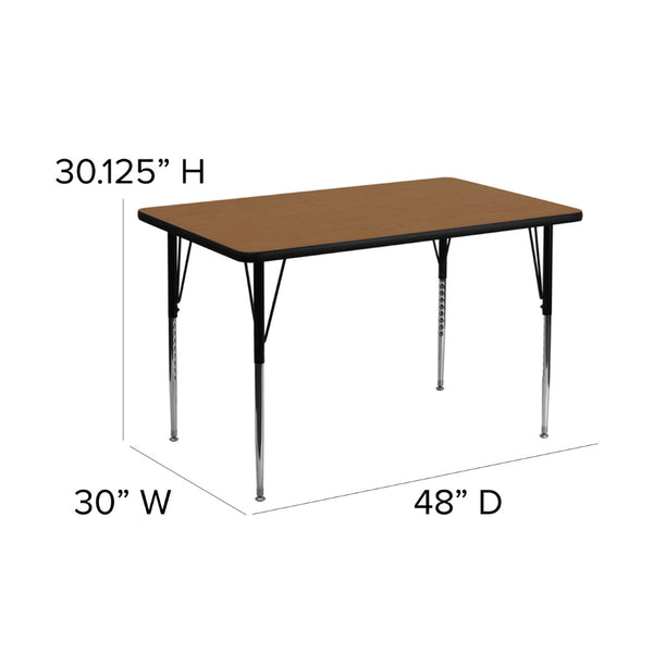 English Elm Wren Versatile Rectangular Thermal Laminate Activity Table with Adjustable Height for Any Space Oak 30"W x 48"L XU-A3048-REC-OAK-T-A-GG