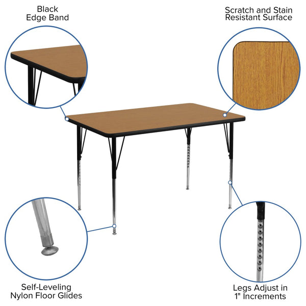 English Elm Wren Versatile Rectangular Thermal Laminate Activity Table with Adjustable Height for Any Space Oak 30"W x 48"L XU-A3048-REC-OAK-T-A-GG