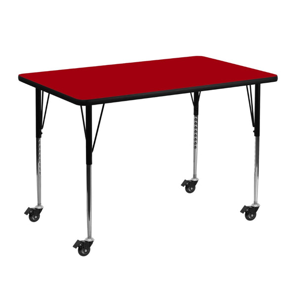 English Elm Wren Mobile Rectangular Activity Table with Adjustable Legs for Classrooms and Collaborative Workspaces Red 30"W x 48"L XU-A3048-REC-RED-T-A-CAS-GG