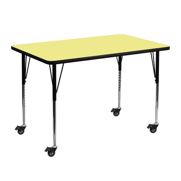 English Elm Wren Mobile Rectangular Activity Table with Adjustable Legs for Classrooms and Collaborative Workspaces Yellow 30"W x 48"L XU-A3048-REC-YEL-T-A-CAS-GG