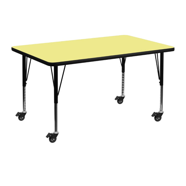 English Elm Wren Mobile Activity Table - Height Adjustable, Durable Laminate Surface for Classrooms & Playrooms Yellow 30"W x 48"L XU-A3048-REC-YEL-T-P-CAS-GG