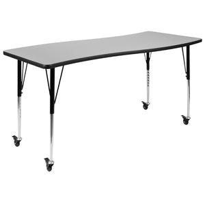 English Elm Wren Mobile Rectangle Wave Activity Table for Collaborative Spaces with Adjustable Height Legs Grey 26"W x 60"L XU-A3060-CON-GY-T-A-CAS-GG