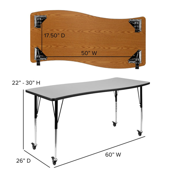 English Elm Wren Mobile Rectangle Wave Activity Table for Collaborative Spaces with Adjustable Height Legs Grey 26"W x 60"L XU-A3060-CON-GY-T-A-CAS-GG