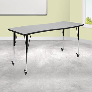 English Elm Wren Mobile Rectangle Wave Activity Table for Collaborative Spaces with Adjustable Height Legs Grey 26"W x 60"L XU-A3060-CON-GY-T-A-CAS-GG