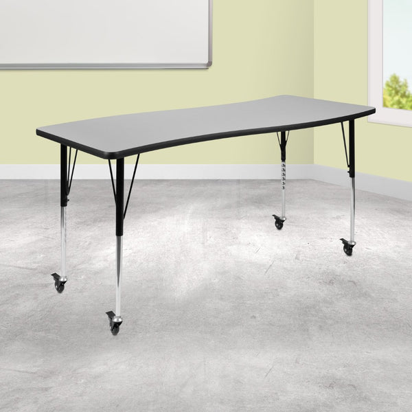 English Elm Wren Mobile Rectangle Wave Activity Table for Collaborative Spaces with Adjustable Height Legs Grey 26"W x 60"L XU-A3060-CON-GY-T-A-CAS-GG