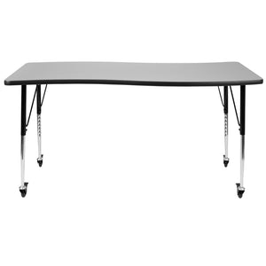 English Elm Wren Mobile Rectangle Wave Activity Table for Collaborative Spaces with Adjustable Height Legs Grey 26"W x 60"L XU-A3060-CON-GY-T-A-CAS-GG