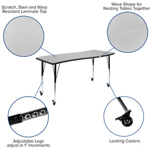 English Elm Wren Mobile Rectangle Wave Activity Table for Collaborative Spaces with Adjustable Height Legs Grey 26"W x 60"L XU-A3060-CON-GY-T-A-CAS-GG
