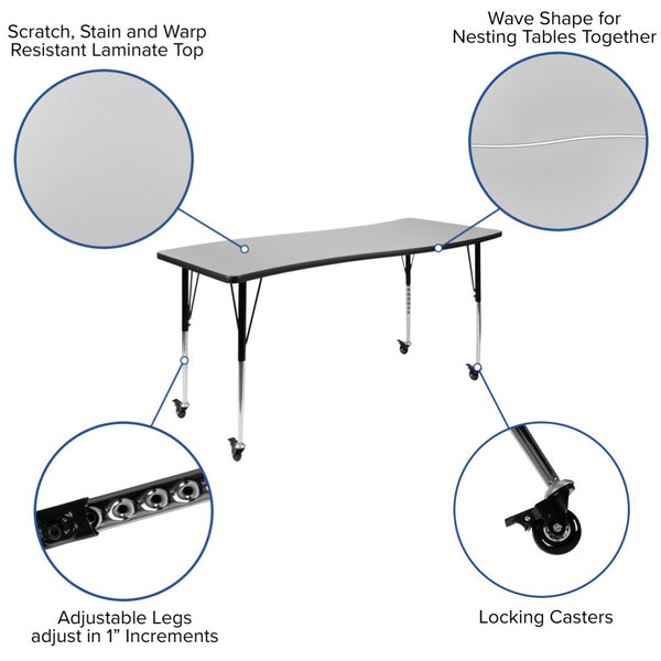 English Elm Wren Mobile Rectangle Wave Activity Table for Collaborative Spaces with Adjustable Height Legs Grey 26"W x 60"L XU-A3060-CON-GY-T-A-CAS-GG