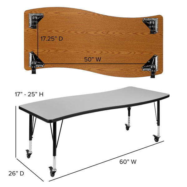 English Elm Wren Mobile Rectangle Wave Activity Table for Collaborative Learning, Adjustable Height & Durable Design Grey 26"W x 60"L XU-A3060-CON-GY-T-P-CAS-GG