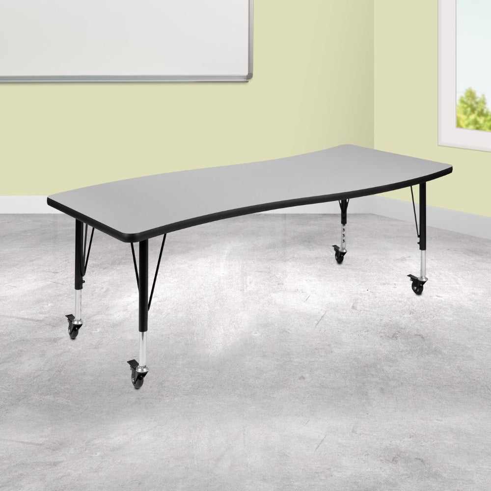 English Elm Wren Mobile Rectangle Wave Activity Table for Collaborative Learning, Adjustable Height & Durable Design Grey 26"W x 60"L XU-A3060-CON-GY-T-P-CAS-GG