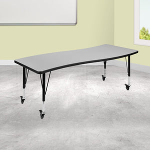 English Elm Wren Mobile Rectangle Wave Activity Table for Collaborative Learning, Adjustable Height & Durable Design Grey 26"W x 60"L XU-A3060-CON-GY-T-P-CAS-GG