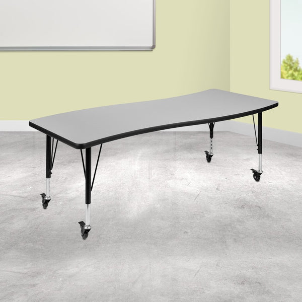 English Elm Wren Mobile Rectangle Wave Activity Table for Collaborative Learning, Adjustable Height & Durable Design Grey 26"W x 60"L XU-A3060-CON-GY-T-P-CAS-GG