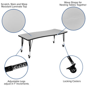 English Elm Wren Mobile Rectangle Wave Activity Table for Collaborative Learning, Adjustable Height & Durable Design Grey 26"W x 60"L XU-A3060-CON-GY-T-P-CAS-GG