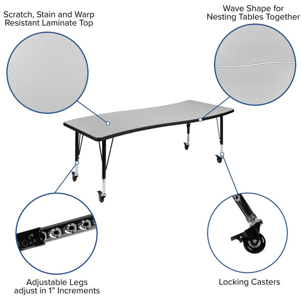 English Elm Wren Mobile Rectangle Wave Activity Table for Collaborative Learning, Adjustable Height & Durable Design Grey 26"W x 60"L XU-A3060-CON-GY-T-P-CAS-GG