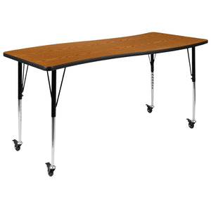 English Elm Wren Mobile Rectangle Wave Activity Table for Collaborative Spaces with Adjustable Height Legs Oak 26"W x 60"L XU-A3060-CON-OAK-T-A-CAS-GG
