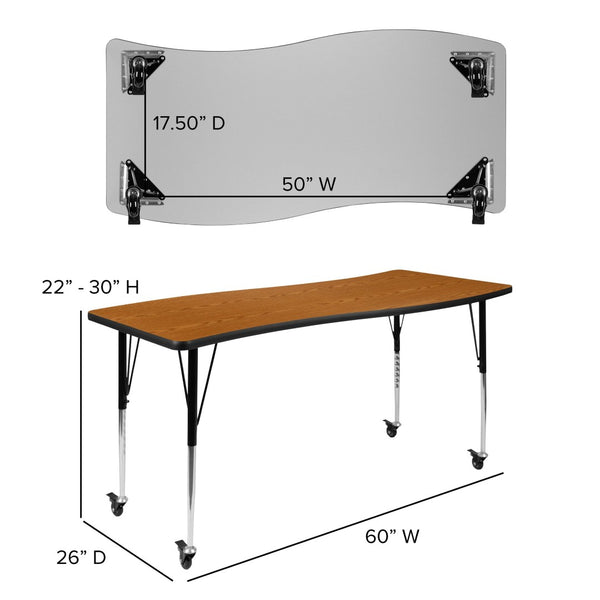 English Elm Wren Mobile Rectangle Wave Activity Table for Collaborative Spaces with Adjustable Height Legs Oak 26"W x 60"L XU-A3060-CON-OAK-T-A-CAS-GG