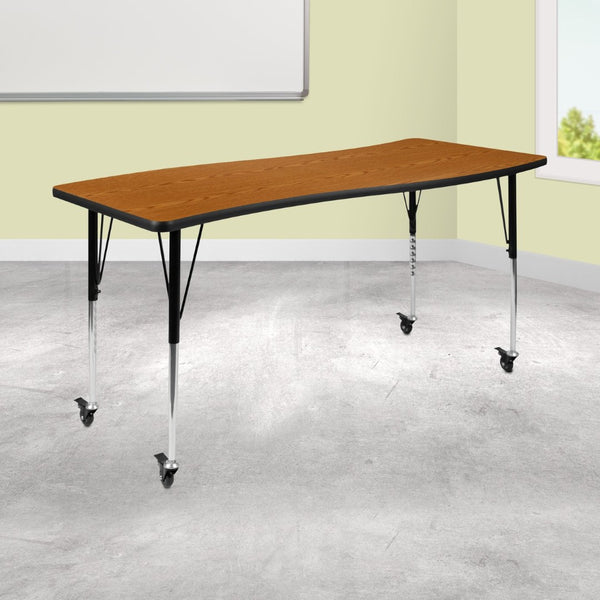 English Elm Wren Mobile Rectangle Wave Activity Table for Collaborative Spaces with Adjustable Height Legs Oak 26"W x 60"L XU-A3060-CON-OAK-T-A-CAS-GG