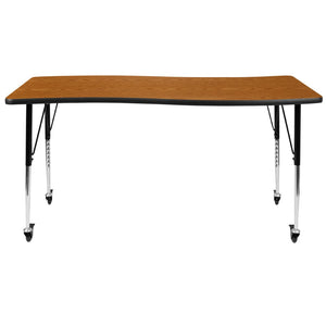 English Elm Wren Mobile Rectangle Wave Activity Table for Collaborative Spaces with Adjustable Height Legs Oak 26"W x 60"L XU-A3060-CON-OAK-T-A-CAS-GG