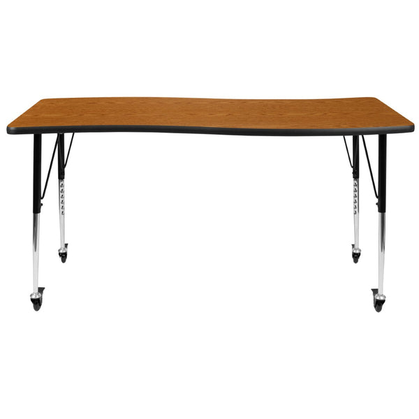 English Elm Wren Mobile Rectangle Wave Activity Table for Collaborative Spaces with Adjustable Height Legs Oak 26"W x 60"L XU-A3060-CON-OAK-T-A-CAS-GG