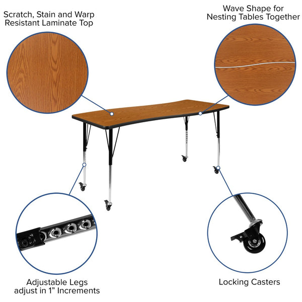 English Elm Wren Mobile Rectangle Wave Activity Table for Collaborative Spaces with Adjustable Height Legs Oak 26"W x 60"L XU-A3060-CON-OAK-T-A-CAS-GG