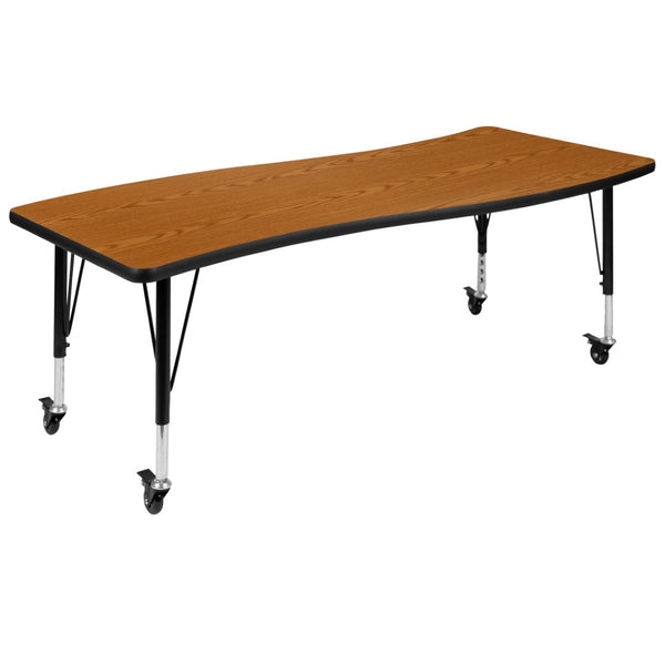 English Elm Wren Mobile Rectangle Wave Activity Table for Collaborative Learning, Adjustable Height & Durable Design Oak 26"W x 60"L XU-A3060-CON-OAK-T-P-CAS-GG