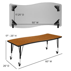 English Elm Wren Mobile Rectangle Wave Activity Table for Collaborative Learning, Adjustable Height & Durable Design Oak 26"W x 60"L XU-A3060-CON-OAK-T-P-CAS-GG