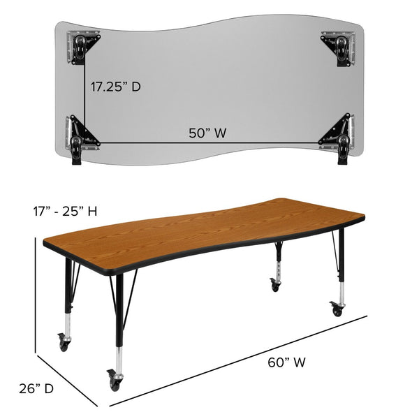 English Elm Wren Mobile Rectangle Wave Activity Table for Collaborative Learning, Adjustable Height & Durable Design Oak 26"W x 60"L XU-A3060-CON-OAK-T-P-CAS-GG