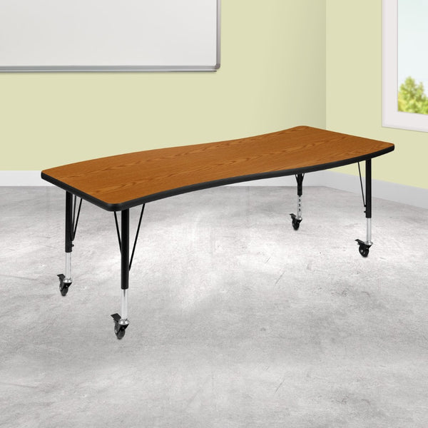 English Elm Wren Mobile Rectangle Wave Activity Table for Collaborative Learning, Adjustable Height & Durable Design Oak 26"W x 60"L XU-A3060-CON-OAK-T-P-CAS-GG