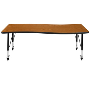English Elm Wren Mobile Rectangle Wave Activity Table for Collaborative Learning, Adjustable Height & Durable Design Oak 26"W x 60"L XU-A3060-CON-OAK-T-P-CAS-GG