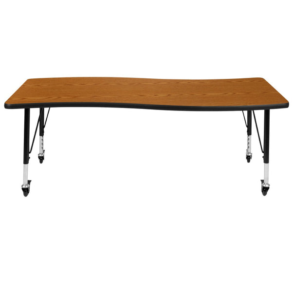 English Elm Wren Mobile Rectangle Wave Activity Table for Collaborative Learning, Adjustable Height & Durable Design Oak 26"W x 60"L XU-A3060-CON-OAK-T-P-CAS-GG