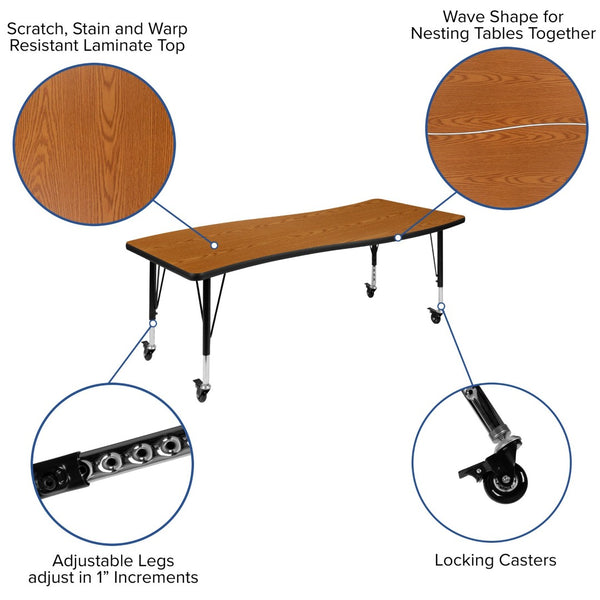 English Elm Wren Mobile Rectangle Wave Activity Table for Collaborative Learning, Adjustable Height & Durable Design Oak 26"W x 60"L XU-A3060-CON-OAK-T-P-CAS-GG