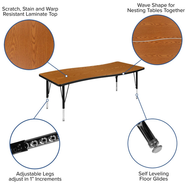 English Elm Wren Collaborative Activity Table - Height Adjustable, Durable Laminate Surface for Flexible Learning Spaces Oak 26"W x 60"L XU-A3060-CON-OAK-T-P-GG