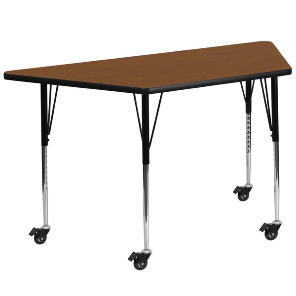English Elm Wren Mobile Trapezoid Activity Table - Durable High-Pressure Laminate, Adjustable Height, Collaborative Design Oak 29.5"W x 57.25"L Trapezoid XU-A3060-TRAP-OAK-H-A-CAS-GG