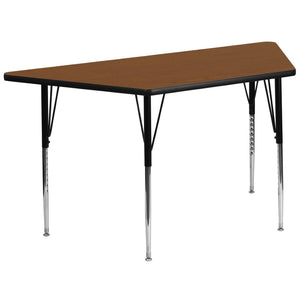 English Elm Wren Durable Activity Table for Classrooms and Home Use - Height Adjustable, Stain Resistant Design Oak 29.5"W x 57.25"L Trapezoid XU-A3060-TRAP-OAK-H-A-GG